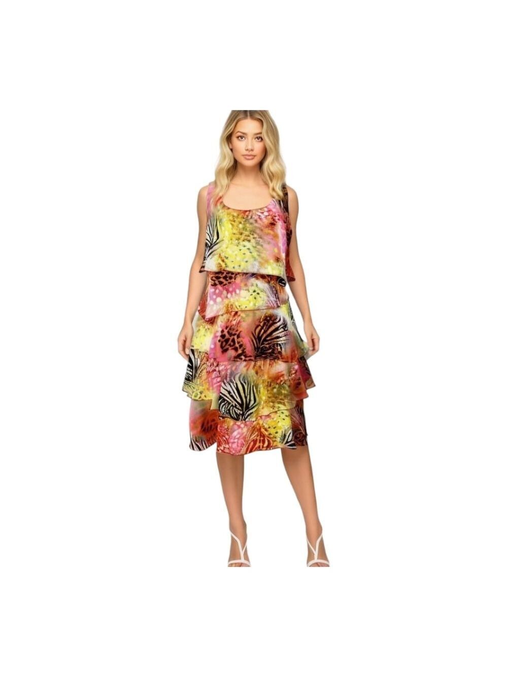 NWT Party tiered Silky dress in pink, yellow leopard print